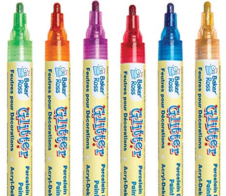Baker Ross Pennarelli Acrilici Glitterati (confezione da 6) - Articoli per artigianato - Rosso, arancione, viola, oro, verde e blu