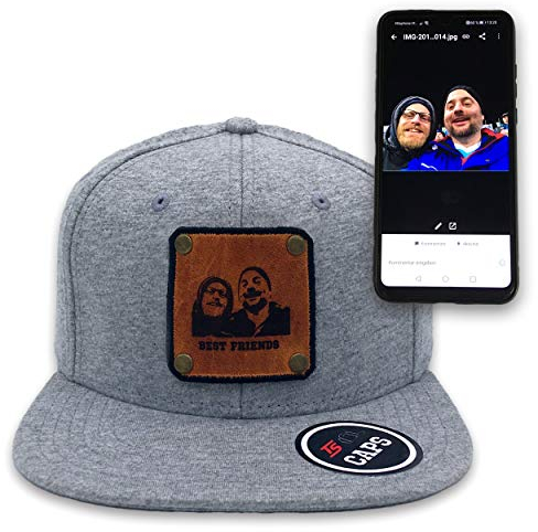 TS Snapback Cap, Basecap Snapback grau mit eigenem Text Logo oder Bild Foto Bedrucken, individualisierbares Lederpatch gelasert