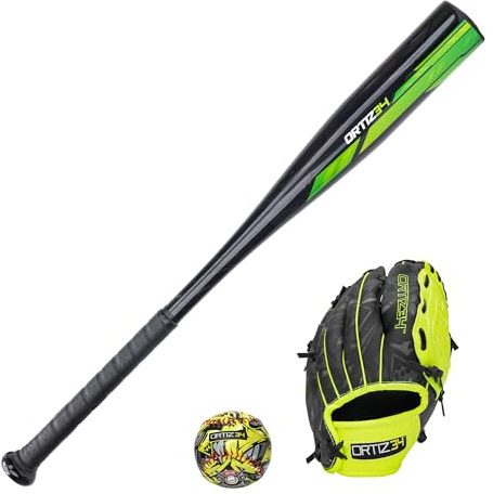 Ortiz34 Homerun Kids Tee Ball Set- David Ortiz 3-in-1 Aluminum Baseball Bat, Baseball, & Youth Baseball Glove Bundle (Made for Youth/Kids) (Volt)