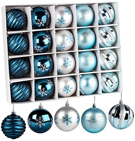 Sweelov 20er Christbaumkugel Ø8cm Weihnachtsbaum Bälle Dekorationen Kunststoff Weihnachtsdeko Baumschmuck - Blau/Silber