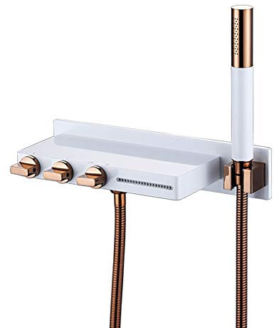 GLYYR Cascade Robinet de Baignoire Laiton Baignoire Mitigeur Multifonction 3 Poignées Montage Mural Mitigeur de Baignoire avec Douche à Main,White Plus Rose Gold