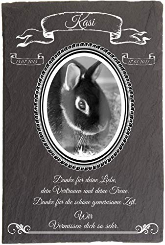 Pokal Center Westerheider Tiergrabsteine Kaninchen mit eigenem Foto - Gedenksteine Kaninchen mit personalisierter Gravur, Gedenksteine aus Naturschiefer 20x30 cm 100% witterungsbeständig