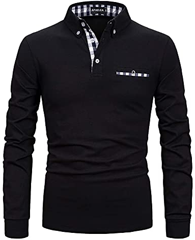 APAELEA Poloshirt Herren Langarm Baumwolle Golf T-Shirt Casual Tops,Schwarz,3XL