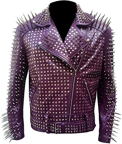 Brando Motorradjacke für Herren mit Nieten, Rindsleder, Punk-Rock-Welt, Lila Gr. XS, Lila – Lederjacke mit Nieten