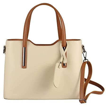 OBC Made IN Italy Damen Echt Leder Tasche Business Shopper Schultertasche Handtasche Ledertasche Umhängetasche Rindsleder Freizeittasche Beige-Braun