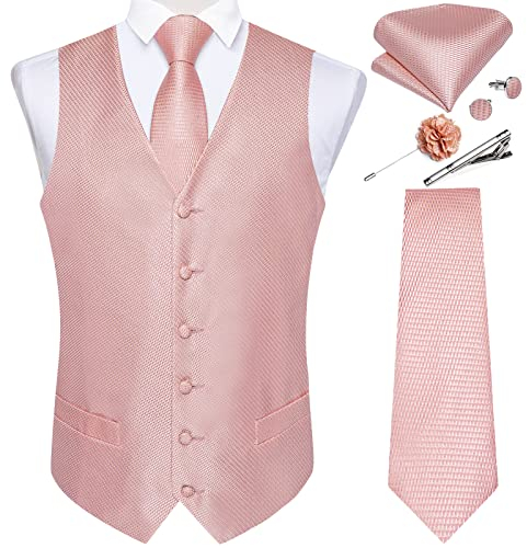 DiBanGu Herren-Weste und Krawatte, formelles Paisleymuster, Weste und Krawatte, Einstecktuch, Manschettenknöpfe, Seide, Anzugweste für Smoking, Hochzeit, Roségold, X-Large