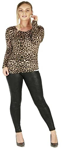 New Ladies Long Sleeve Printed Casual Round Neck Stretchy Tee Basic T-Shirt Top (14, Brown Leopard)