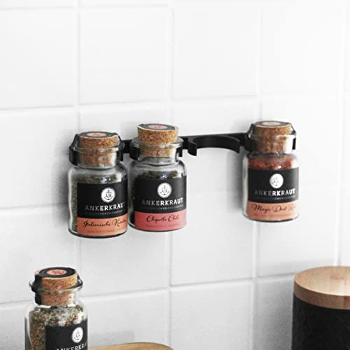 NewGround Designs Gewürzregal für Ankerkraut - für 4 Gewürzdosen - hängend - für Schranktür oder Wand – inkl. Schrauben/Dübel - Schweberegal/Hängeregal Gewürzdosen (Schwarz)