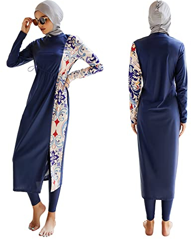 Odizli Frauen Muslimische Badeanzug Burkini Damen Muslim Islamisch Arabisch Jilbab Schwimmanzug Langarm Schwimmoberteile Built in Bra+Schwimmhose+Hijab 3tlg Ganzkörper Modest Bademode 6#Navy Blau L