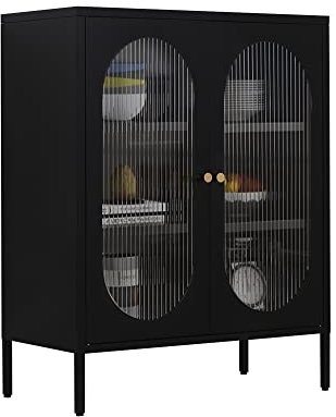 LINGZOE Black Storage Cabinet with Steel Frame and 2 Glass Door, Home Locker Sideboard Cabinet Organizer for Books, Magazines, DVDs Storage Shelf