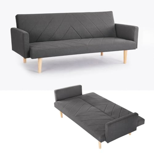 Home Detail Ryan 3-Seater Sofa Bed, Dark Grey Fabric | Wooden Leg Frame, Clic-Clac
