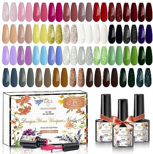 42 Stück Nagellack UV Farbgel Set, mit Unterlack & Glänzender Überlack & Matte Überlack, Lack Gel Nail Polish für Nagel Design