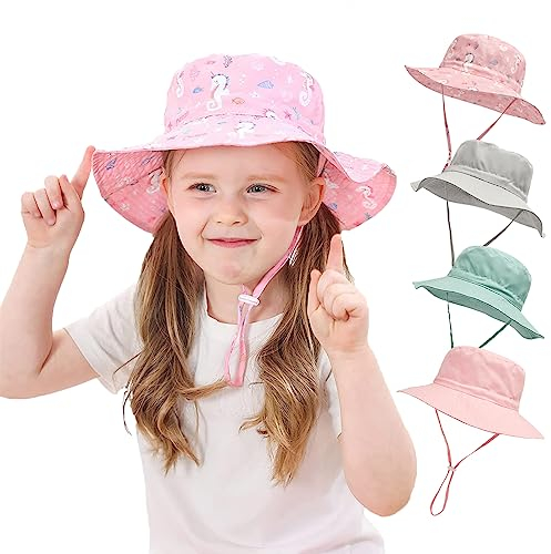 YANWANG Baby Kinder Einstellbare Eimer Sonnenhut, UPF 50+ Sonnenschutz Strandmütze für Kleinkinder Jungen Mädchen(Pink Seahorse,2-6years)