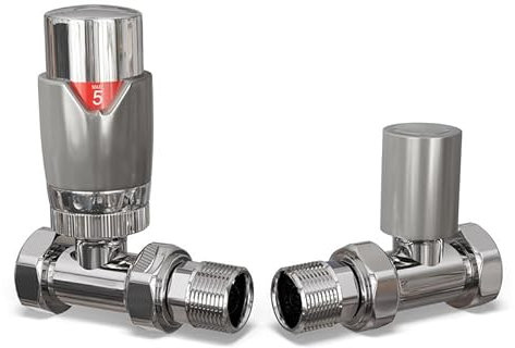 UK Radiators Silver Thermostatic Radiator Valve and Straight Lockshield Valve - Gloss Silver Finish - Classy and Modern Design 1/2 x 8mm Straight Radiator Valve