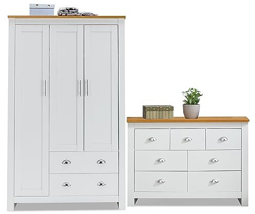 Bedroom Furniture Set With 3 Door Wardrobe & 4+3 Drawer Chest of Drawer With Stainless Steel Cup Handle Wardrobe and Chest of Drawers Set for 2 Piece Bedroom Storage Furniture Set (White & Oak)