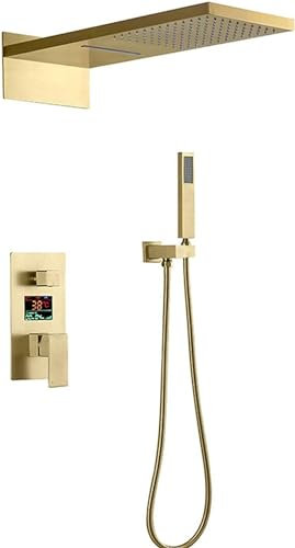 BIVVI Gebürstetes Gold Duschsystem Temperaturanzeige, Luxus Wasserfall Regenduschkopf mit Handbrause, Wandmontage Duscharmatur Set, Regenmischer Dusche