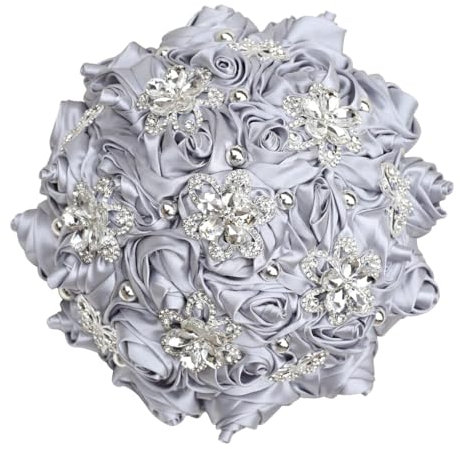 YIUPEDRFG Bouquet da Sposa con Fiori e Piante Finti Bouquet da Sposa con Rose in Raso di Seta Realistico e Durevole a Bassa Manutenzione Elegante, Argento