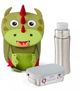 Affenzahn Kleiner Freund Bundle mit Trinkflasche und Brotdose, Kita Rucksack Set für 1-3 Jährige Drache - Dunkelgrün