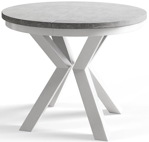 AlpiMeble Runder Esszimmertisch LOFT, ausziehbarer Tisch Durchmesser: 100 cm/180 cm, Wohnzimmertisch Farbe: Grau, mit Metallbeinen in Farbe Weiß