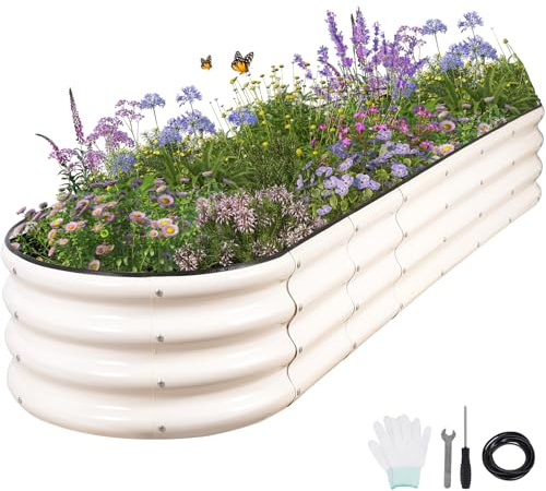 Permade Verzinktes Hochbeet – 20,3 x 60,4 cm große Metall-Pflanzkästen für den Außenbereich, ovales Stahl-Hochbeet, Set für Gartenarbeit, mit Schutzband, Stützstäben, Handschuhen für Gemüse, Blumen,