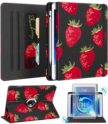 Kidcube Schutzhülle für iPad 9. / 8. / 7. Generation, 25,7 cm (10,2 Zoll), niedlicher drehbarer Ständer, Folio-Hülle mit Stifthalter und Kartenschlitz, Kawaii-Erdbeere, einzigartiges Design