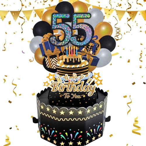 YianHien Geburtstagskarte zum 55. Geburtstag für Frauen und Männer, Schwarze Gold Pop-Up-Karte Geburtstag mit Umschlag für 55 Jahre Ehemann Frau Oma Opa Mama Papa Schwester Bruder
