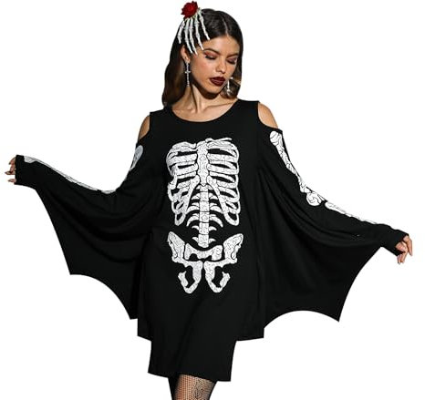 For G and PL Halloween Damen Fledermaus Kostüm Langarm Kalte Schulter Cosplay Kleid Skelett Schwarz XL