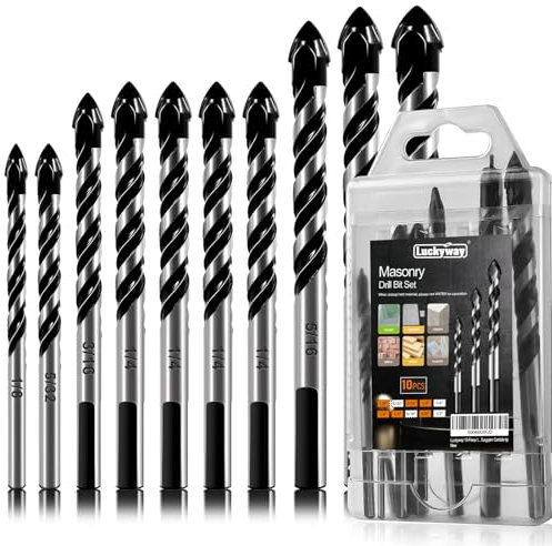 Luckyway 10-Piece 1/8-1/2 Professional Masonry Drill Bit Set Concrete Drill Bit Set for Glass, Brick, Plastic, Cement, Wood, Tile with Tungsten Carbide tip