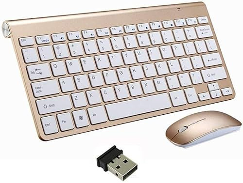 Wireless Keyboard and Mouse Set,Portable 2.4G Keyboard and Mouse Combo,Wireless Keyboard and DPI Adjustable Mouse for Windows,Surface,Android Smart TV-UK Layout (Gold)