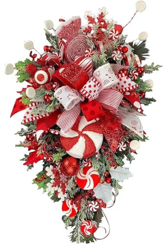 Candy Cane Christmas Wreath, Christmas Teardrop Swag Candy Cane, Red White Xmas Decoration with Ball Ornaments, Christmas Garland for Front Door (Multicolor, 30cm)