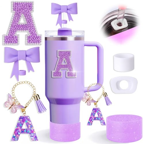 MOTEERLLU 6pcs Purple Stanley Cup Accessories Set,Bow Straw Cover for Stanley Cup 30oz 40oz, Including Straw Topper,Spill Proof Stopper,Sparkly Silicone Boot Set,Handle Charm,Initials Sticker (A)