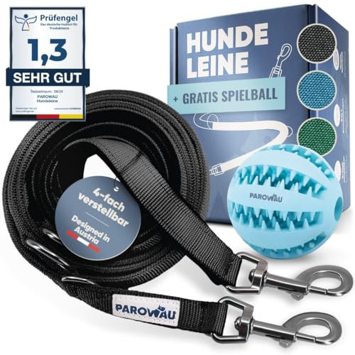 PAROWAU Hundeleine 3m [4-Fach verstellbar] + Hundespielzeug Ball [Zahnpflege Hund] Leine Hund Hundezubehör Hundeleine für große Hunde Hundespielzeug Intelligenz Hundespielzeug unzerstörbar (schwarz)