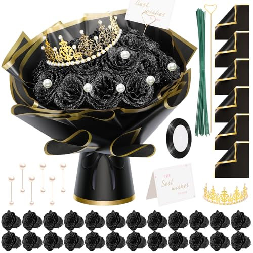 TLY Schwarzer Glitzer-Rosenstrauß, künstliche Rosen, Blumen mit Blumenverpackungspapier, Kronen, Karten für Valentinstag, Abschluss, Jahrestag, Verlobung, Hochzeit, Halloween, Erntedankfest