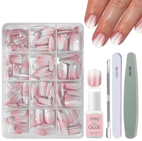 DMQ Cat Eye Press on Nails Kit with Glue, 240Pcs Natural Pink Gradient Glitter False Nails, Acrylic Square Fake Nails Pink Tips, 12 Sizes Glossy Full Cover Stick on Nails for Women Girls Nails Art
