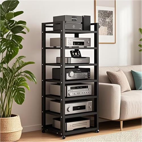 Dernoing 7 Tier Audio Rack Tower, CD Record Player Stereo Receiver AV Equipment Cabinet Display Rack, Weight Capacity 661 lbs, with Adjustable Wooden Shelves for Home (BIACK, 7 Tier 55×19.7×15.7IN)