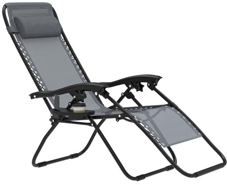 FIVMEN Sonnenliege Klappbar Garten Liegestuhl Gartenliege mit Kissen und Getränkehalter Tragbare Gartenstuhl Strandliege Relaxliege für Garten Terrasse Strand, Grau