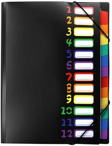 QWORK® Dokumentenmappe A4 mit 12 Fächern, Fächermappe Sortiermappe Wasserdichte PP Kunststoff Ordnungsmappe mit Gummizug