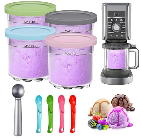 4 Pezzi Contenitori per Gelato per Ninja Creami, 16oz Vaschette per Gelato con 5 Cucchiai, Contenitore per Gelato con Coperchio, Senza BPA Compatibile con Ninja Creami NC299AMZ, NC300, NC301 Series