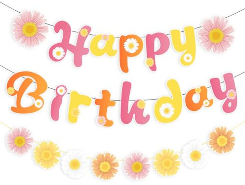 HUKUMA Gänseblümchen Happy Birthday Girlande,Gänseblümchen Deko Kindergeburtstag Mädchen,Frühling Happy Birthday Banner, Kinder Geburtstag Deko, Geburtstagsgirlande Kinder, Geburtstagsdeko Party