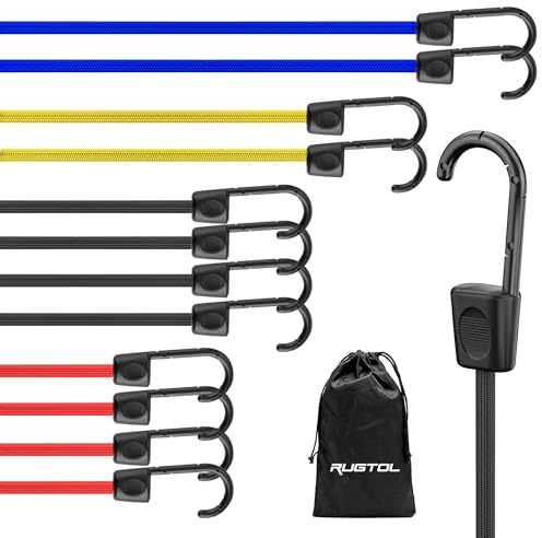 Rugtol Expander mit Haken, 12er Set Spanngummi 20cm 40cm 60cm 80cm Sortierte Farben, 100% Latex Gummispanner mit Stahl J Haken und kratzfester Kunststoffbeschichtung für Zelt, Gepäck oder Garten