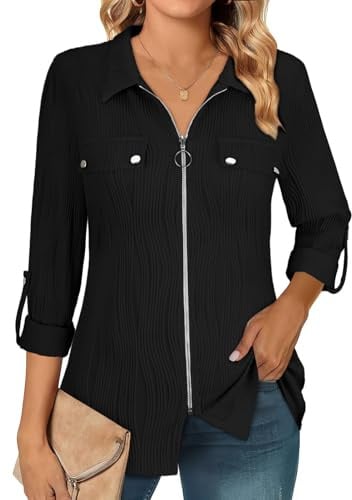 Flikity Womens Tops 3/4 Long Sleeve Zip Front Shirt Casual Ladies Blouse UK | Woman Long Sleeve Zip Front Collared Blouse with 3/4 Sleeves, Ladies Shirt Chest Pockets and Smart Casual Style Top UK
