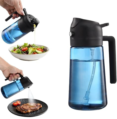 Holtrae 470ml Blauer Ölsprüher für Speiseöl, 2-in-1 Ölspender & Ölzerstäuber, UV-Schutz & lichtblockierende Öl Sprühflasche aus Glas, lebensmittelecht für Kochen, Grillen, Air Fryer und BBQ