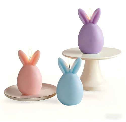 Osterkerzen Set aus 3 Hasenkerzen & Eierkerzen in Pastellrosa/Lila/Blau, Duftende Sojabohnen Mischwachs Kerzen für Osterdekoration Heim Tisch Fenster