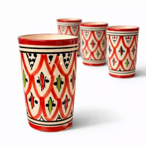 Set 4 Bicchieri in Ceramica Marocchina Dipinti a Mano Artigianali Orientali per Tè alla Menta e Caffè - Decorazione Casa Etnica Stile Berbero h.11cm Ø7cm - Design Geometrico Tradizionale 1812251200