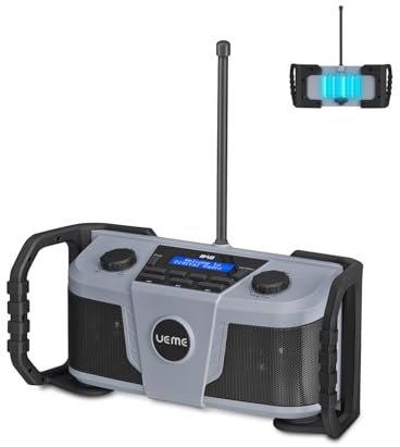 Baustellenradio DAB+ FM mit Akku, IP54 Wasserdicht & Staubdicht, Akku-Laufzeit bis 10h, 6W Stereo Lautsprecher, Bluetooth 5.0/Aux, Outdoor Digitalradio UKW mit Wecker(Grau)
