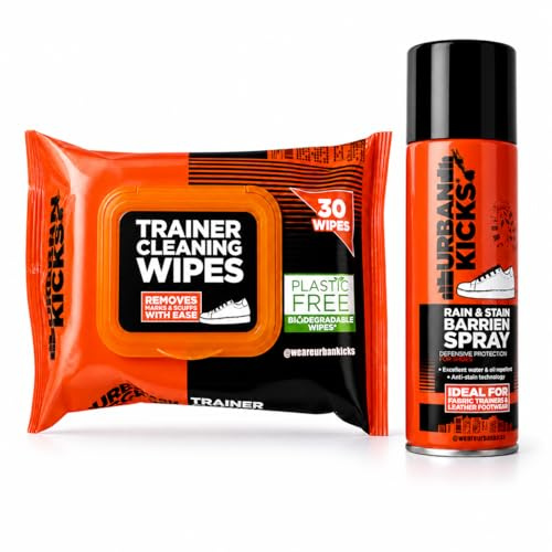 Urban Kicks Trainer Cleaning Kit Bundle | Sneaker Cleaning Wipes 30 Pack & Rain Stain Protector Spray | Shoe Cleaner & Waterproof Protection for Trainers, Leather, Suede, Canvas & Fabric Footwear