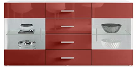 Vladon Buffet Dressoir Bari V1, Corps en Blanc Mat/Façades en Bordeaux Haute Brillance (139 x 72 x 35)