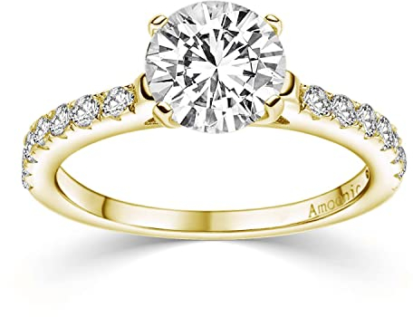 Amoonìc Verlobungsring Gold Damen mit Stein (15 Zirkonia Steine) mit Etui Gravur Ich liebe Dich (Silber 925 hochwertig vergoldet) Antragsring Heiratsantrag Ring Verlobung Frau Gelbgold wie Diamant