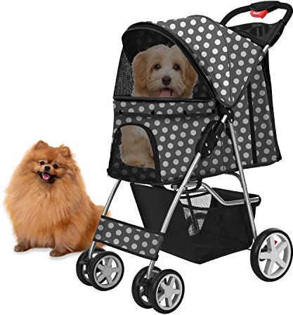 Flexzion Hundebuggy, Hundewagen, Pet Stroller Haustierwagen, Katzenbuggy, Katzenwagen, Faltbar Haustiere Buggy mit Netzfenstern & Getränkehalter für Kleine Haustiere mit 4 Rädern - Tupfen Schwarz