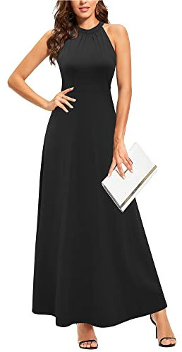 STYLEWORD Women's Black Sleeveless Off Shoulder Elegant Summer Dress Halter Neck Maxi Long Dress (Black,L)